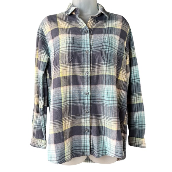 Old Navy Women’s The Boyfriend Shirt Flannel Blur Plaid Button Up Size XS Tall - Picture 1 of 5